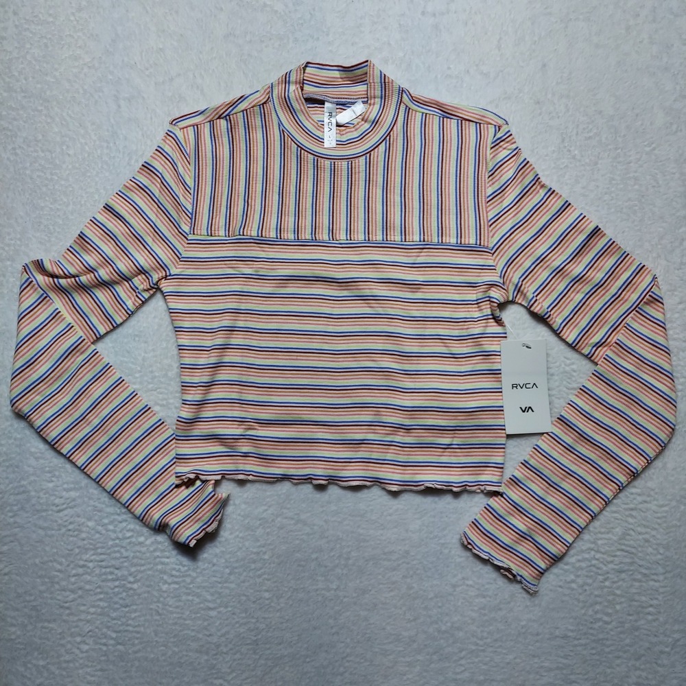 RVCA Saved Long Sleeve Women L Multicolor New Striped Mock Neck Lettuce Hem Top